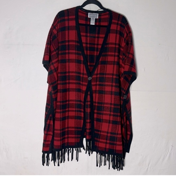 Guillaume Red Black Plaid Poncho With Fringe M/L - Picture 10 of 10